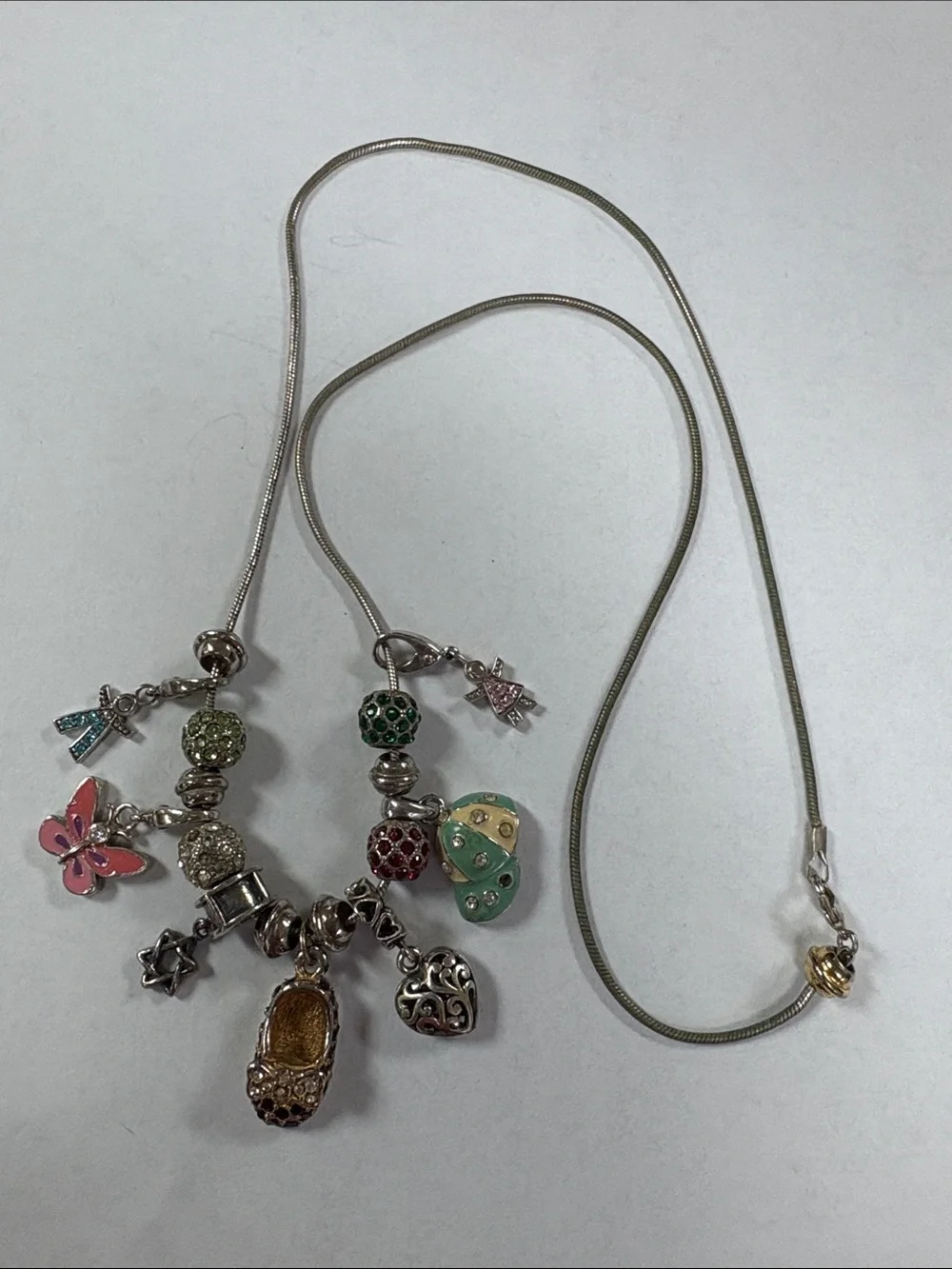 Silver-Tone Charm Necklace with Pink, Green and Gold Accents